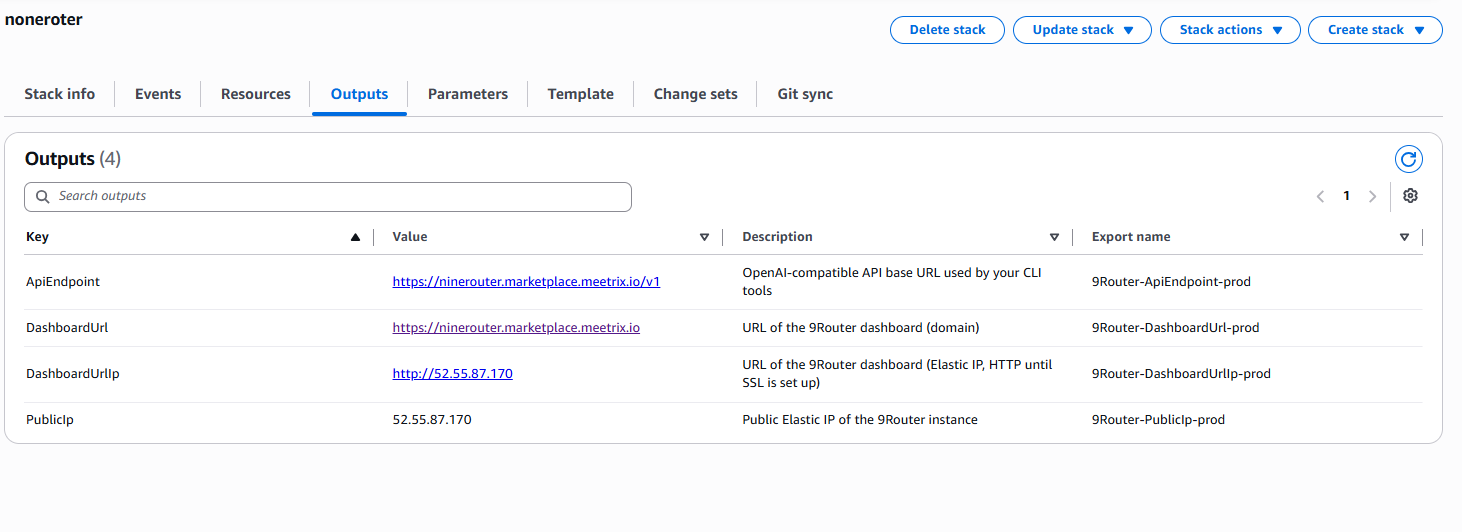 CloudFormation Outputs tab showing the ApiEndpoint, DashboardUrl, DashboardUrlIp, and PublicIp values for the 9Router stack