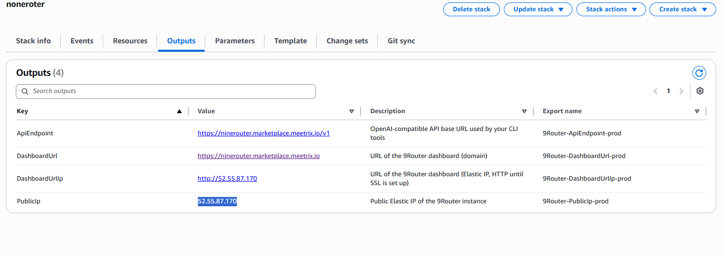 Copying the PublicIp value from the CloudFormation Outputs tab