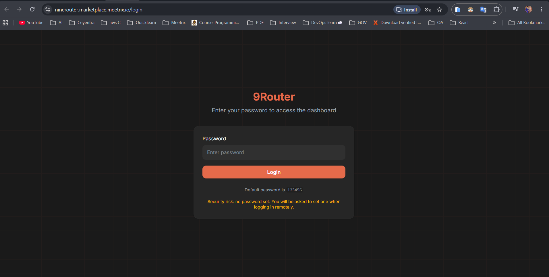 9Router dashboard login page with a single password field and Login button on a dark background