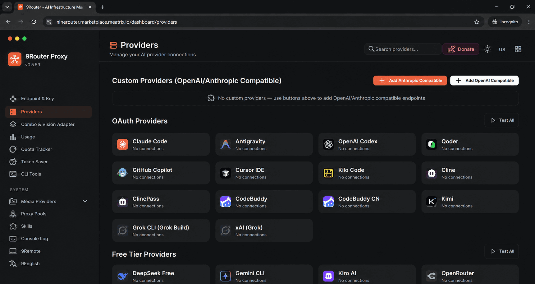 9Router Providers page showing OAuth providers such as Claude Code, OpenAI Codex, GitHub Copilot, Cursor IDE, and Cline, plus free tier providers including DeepSeek Free, Gemini CLI, Kiro AI, and OpenRouter, all with no connections yet