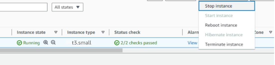 EC2 Instance state dropdown with the Stop instance option highlighted for the running t3a.small 9Router instance