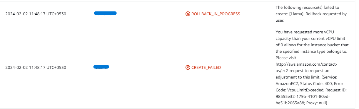 CloudFormation stack events showing a CREATE_FAILED and ROLLBACK_IN_PROGRESS caused by a VcpuLimitExceeded error stating the account vCPU limit is 0