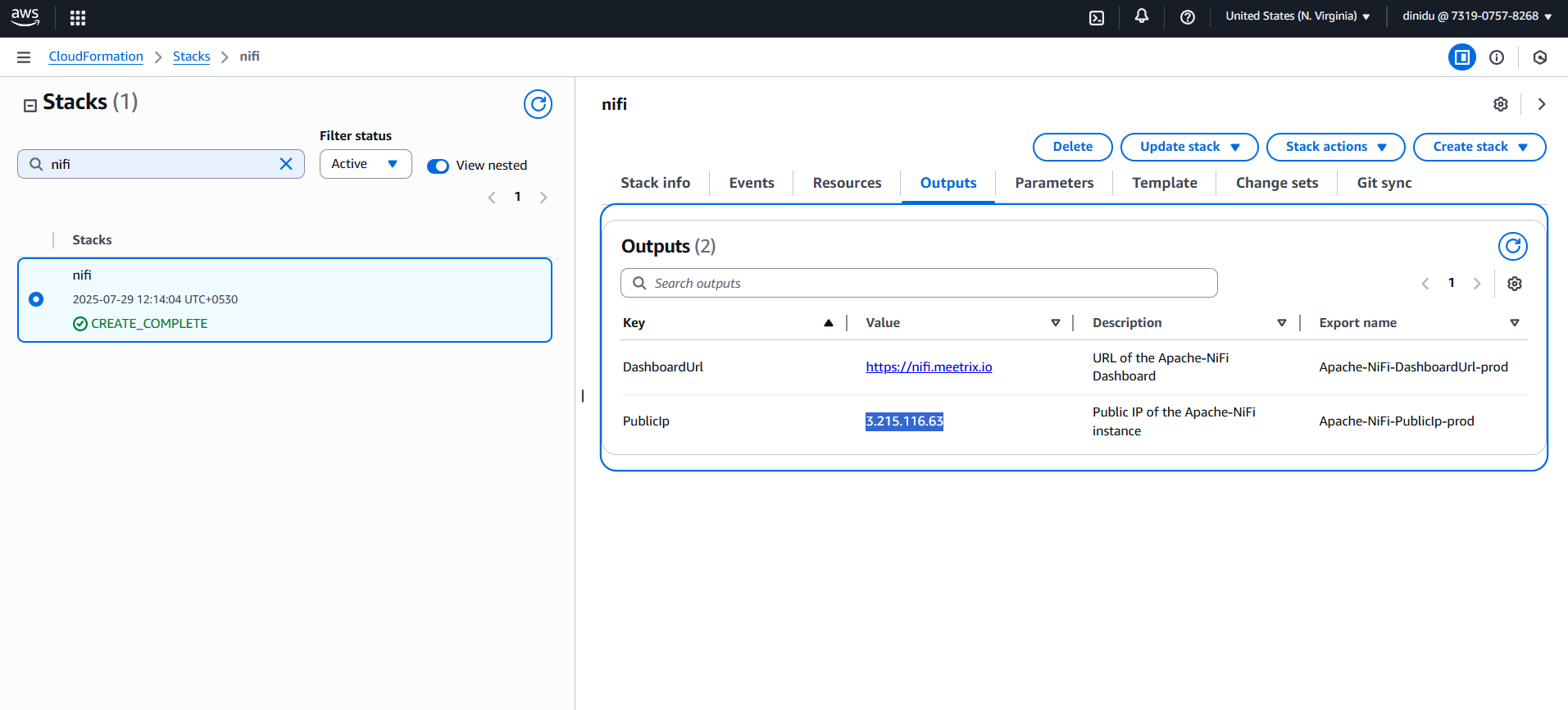 Apache NiFi DashboardUrl in CloudFormation Outputs