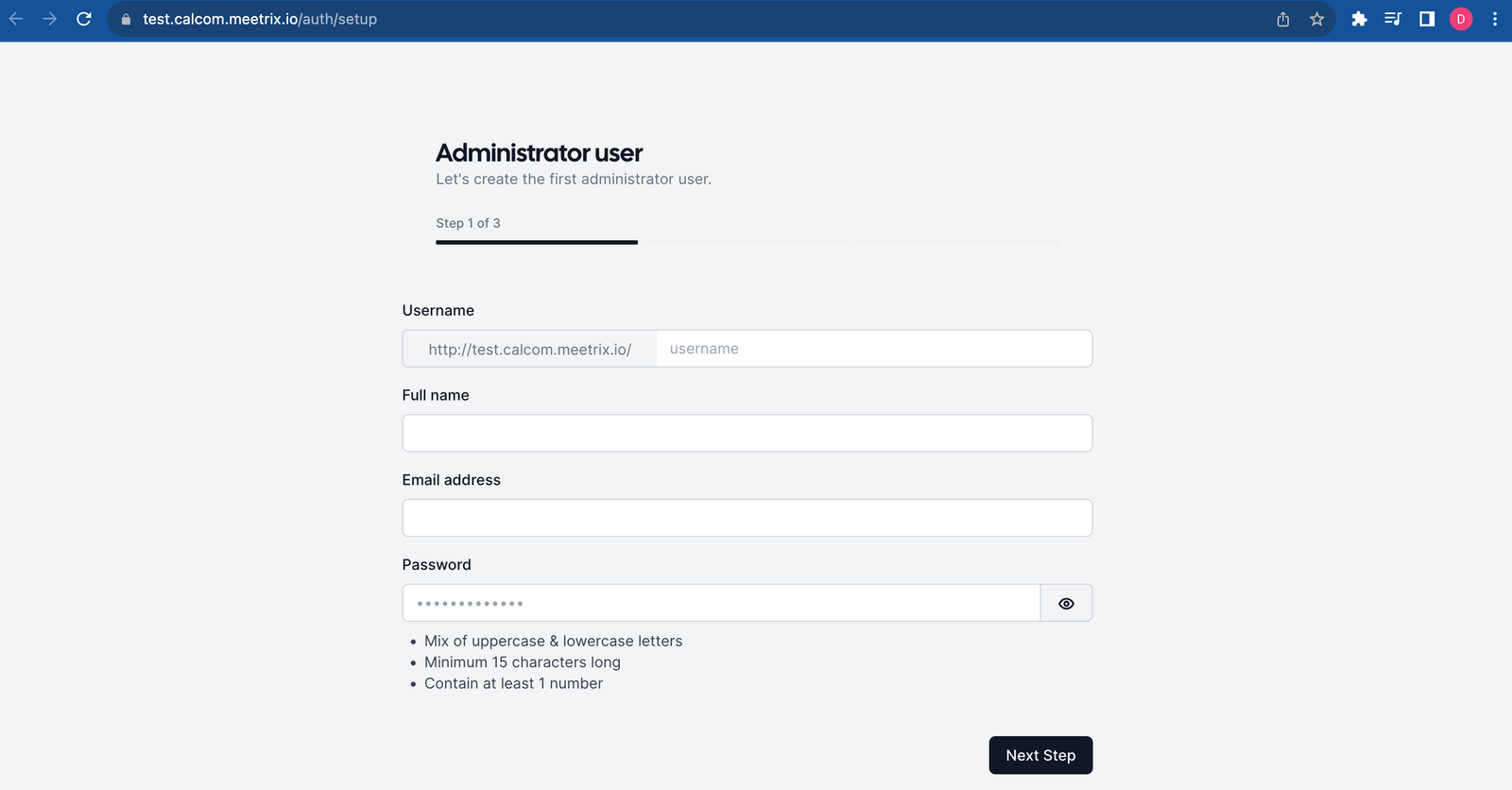 Cal.diy Administrator user setup wizard step 1 of 3, asking for username, full name, email, and password