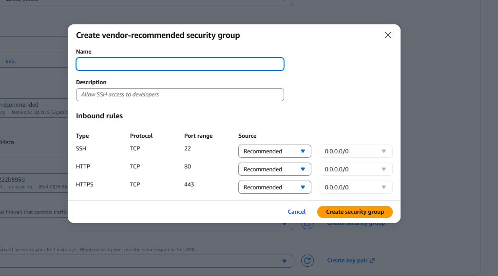 One-click launch configuration form showing instance type, VPC, subnet, security group, and key pair