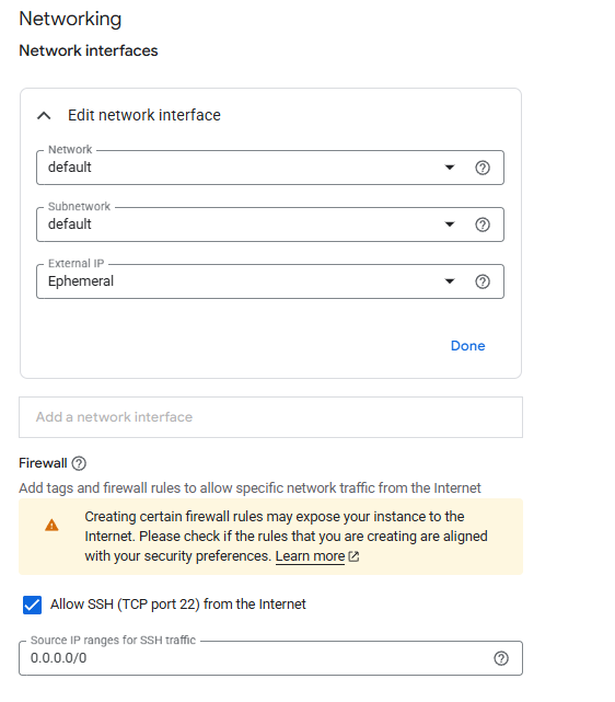 Hermes Agent GCP networking configuration showing the network interface settings and the Allow SSH firewall rule