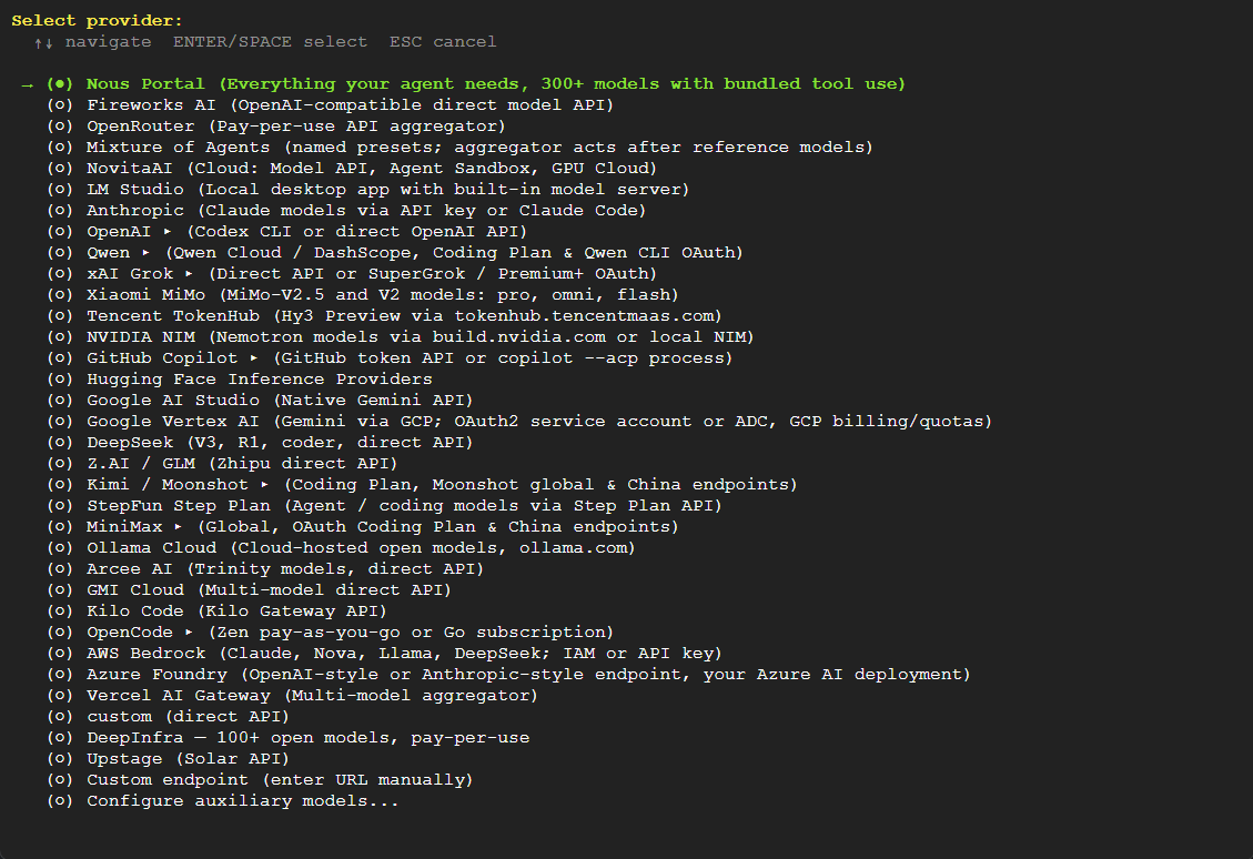 Hermes Agent CLI provider selection menu listing Nous Portal, Fireworks AI, OpenRouter, Anthropic, OpenAI, AWS Bedrock, and other LLM providers