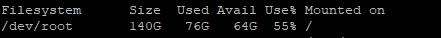Terminal output of df -h showing root volume disk usage at 55 percent