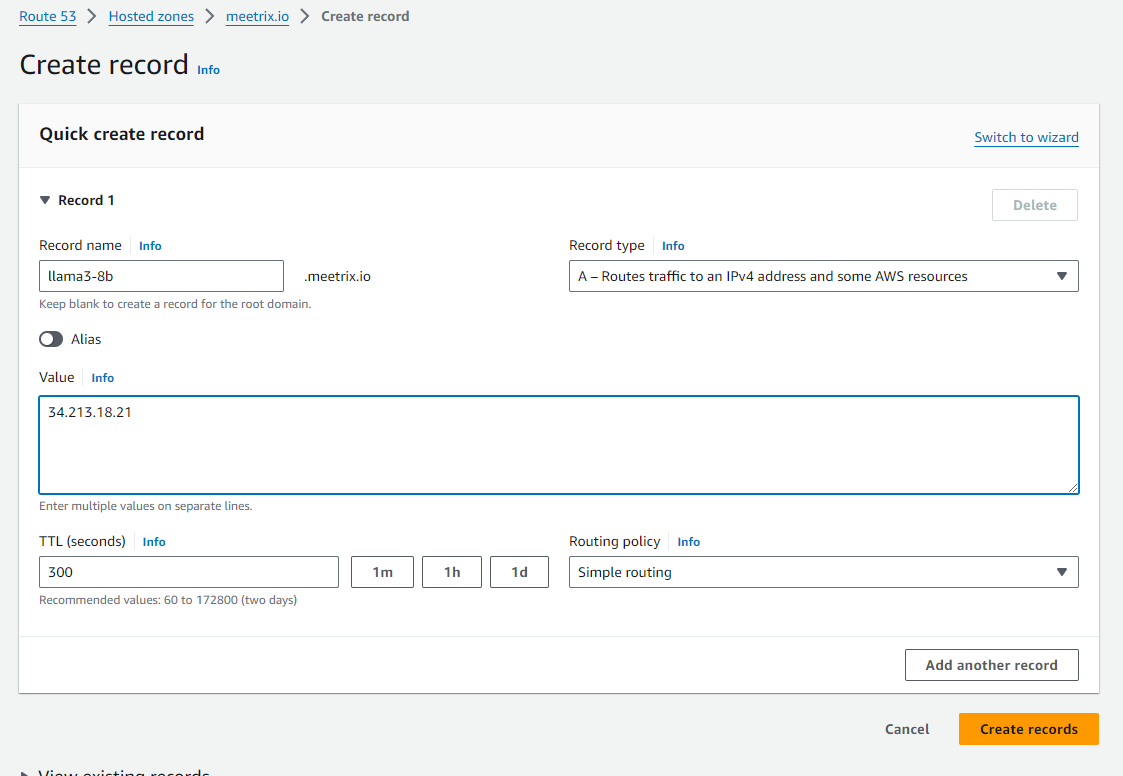 Creating a DNS record in AWS Route 53 for Llama 3