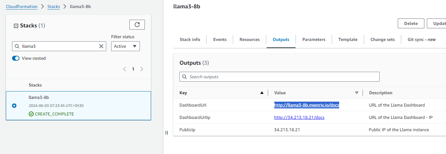 Llama 4 DashboardUrl and DashboardUrlIp in CloudFormation Outputs