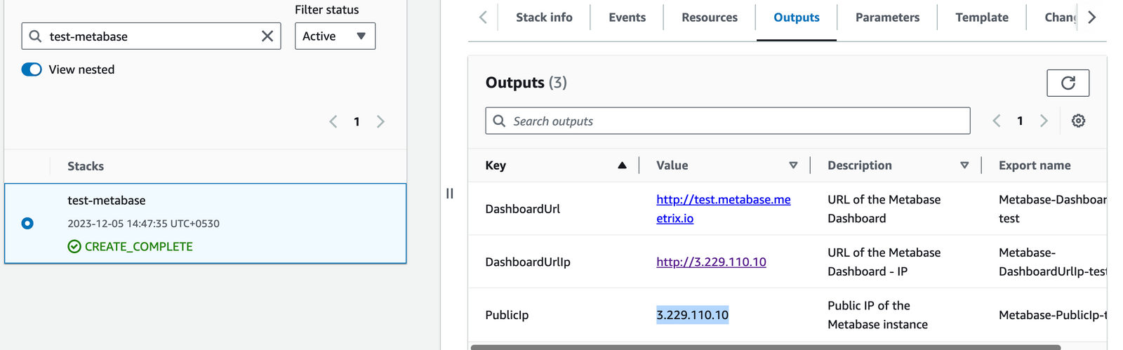 Metabase CloudFormation stack Outputs tab with the PublicIp highlighted, ready to copy for SSH access