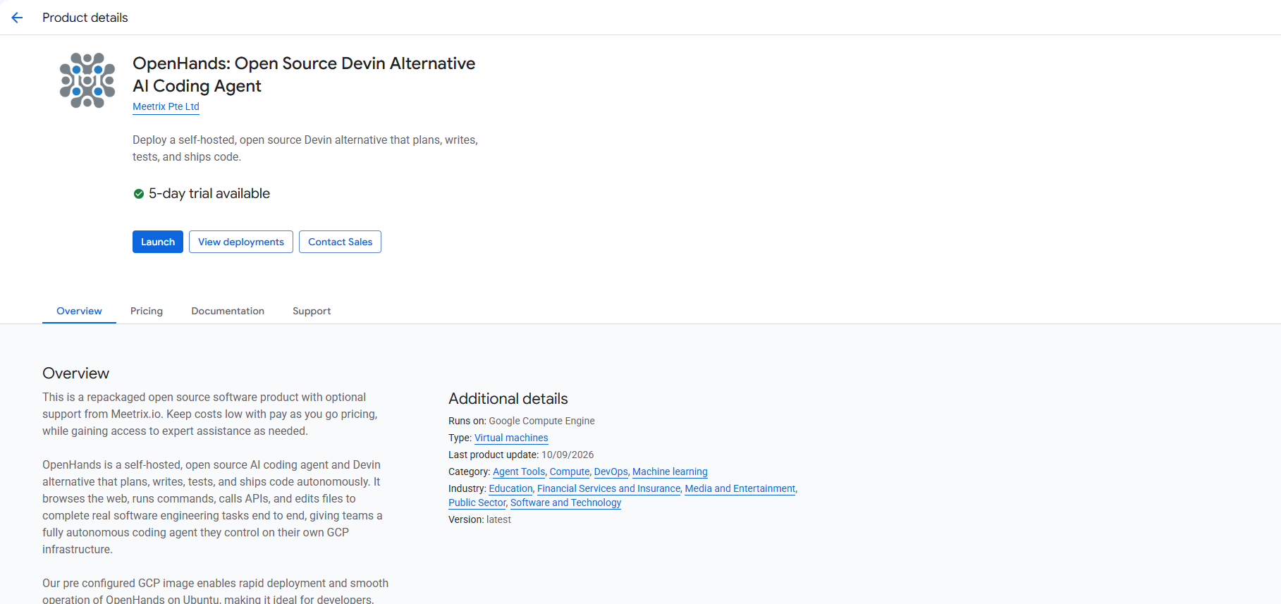 OpenHands Open Source Devin Alternative AI Coding Agent product details page on GCP Marketplace by Meetrix Pte Ltd, showing the Launch button, the 5-day trial badge, and the Overview tab describing a self-hosted coding agent