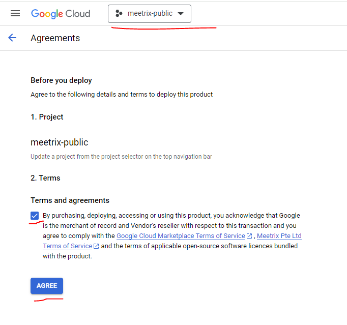 GCP Marketplace Agreements page for the OpenHands deployment with the meetrix-public project selected and the terms and agreements checkbox ticked above the Agree button