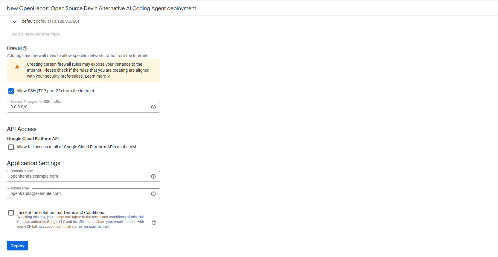 OpenHands GCP Application Settings form showing the Domain name field set to openhands.example.com, the Admin email field set to openhands@example.com, and the Deploy button