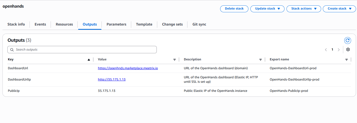 CloudFormation Outputs tab showing DashboardUrl, DashboardUrlIp, and PublicIp values for the OpenHands stack