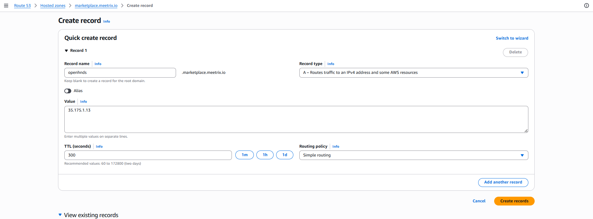 Creating an A record in AWS Route 53 pointing the OpenHands subdomain to the stack's public IP