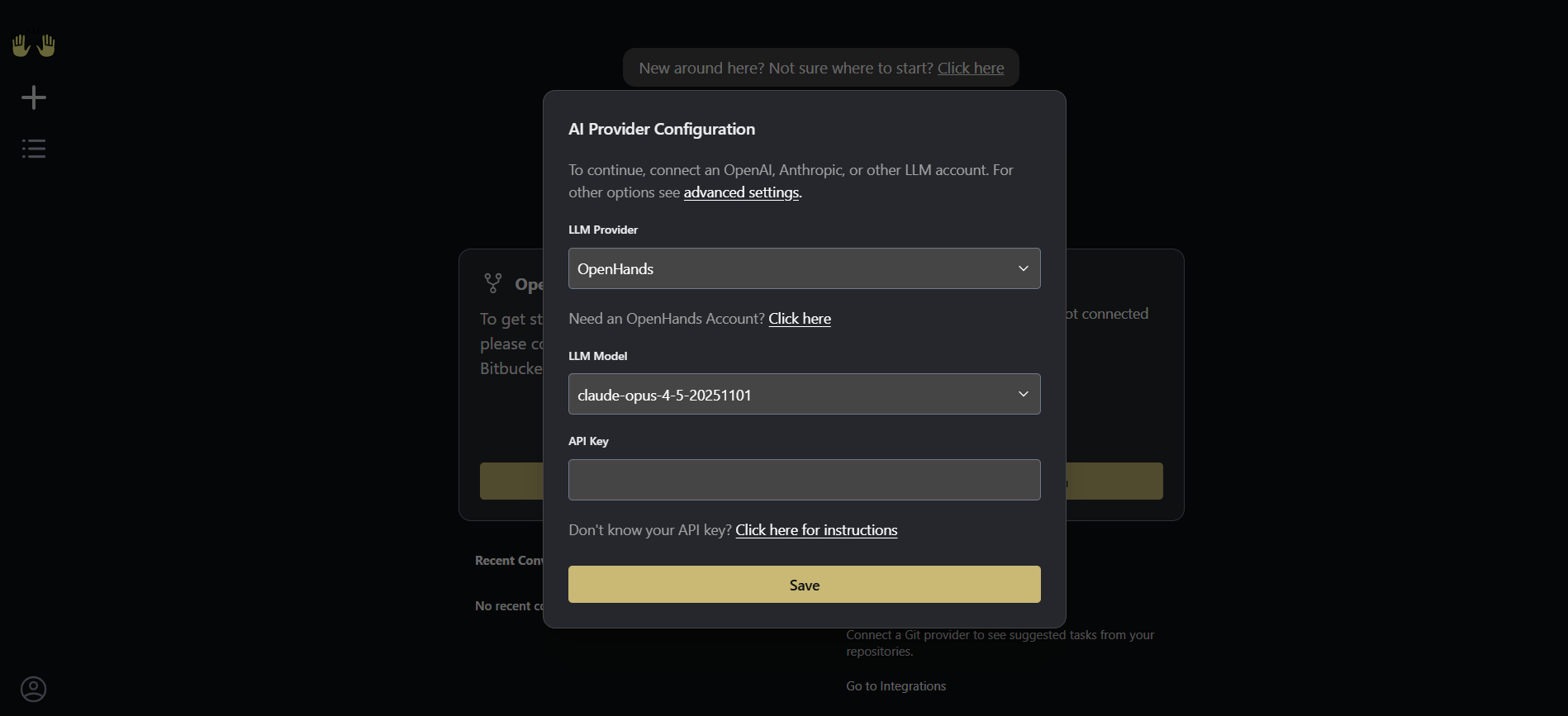 OpenHands AI Provider Configuration dialog with fields for LLM Provider, LLM Model, and API Key