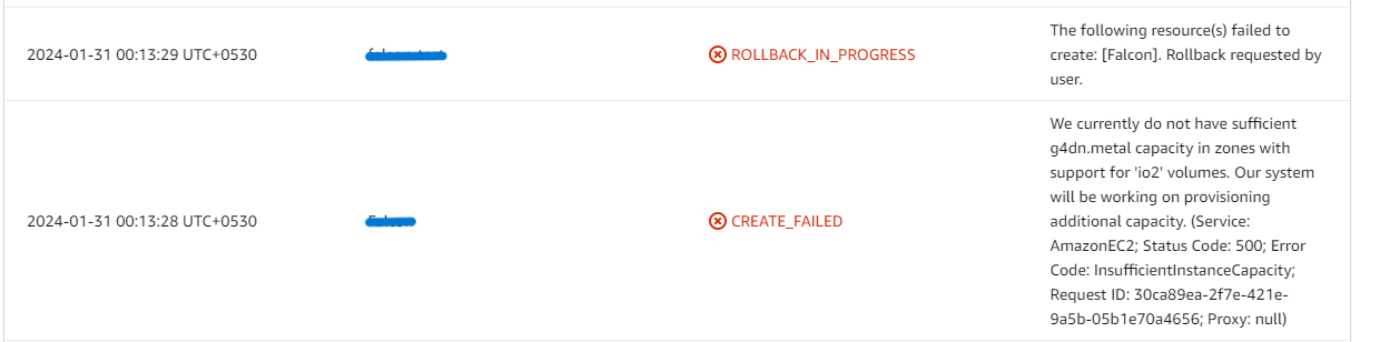 CloudFormation stack events showing a CREATE_FAILED error caused by InsufficientInstanceCapacity