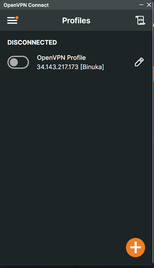 OpenVPN Connect Profiles screen before importing a new profile