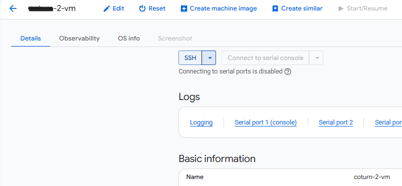 VM instance details page with SSH and logs options on GCP