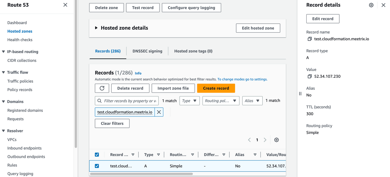 AWS Route 53 hosted zone showing the Jitsi Meet A record details with its IP value and TTL