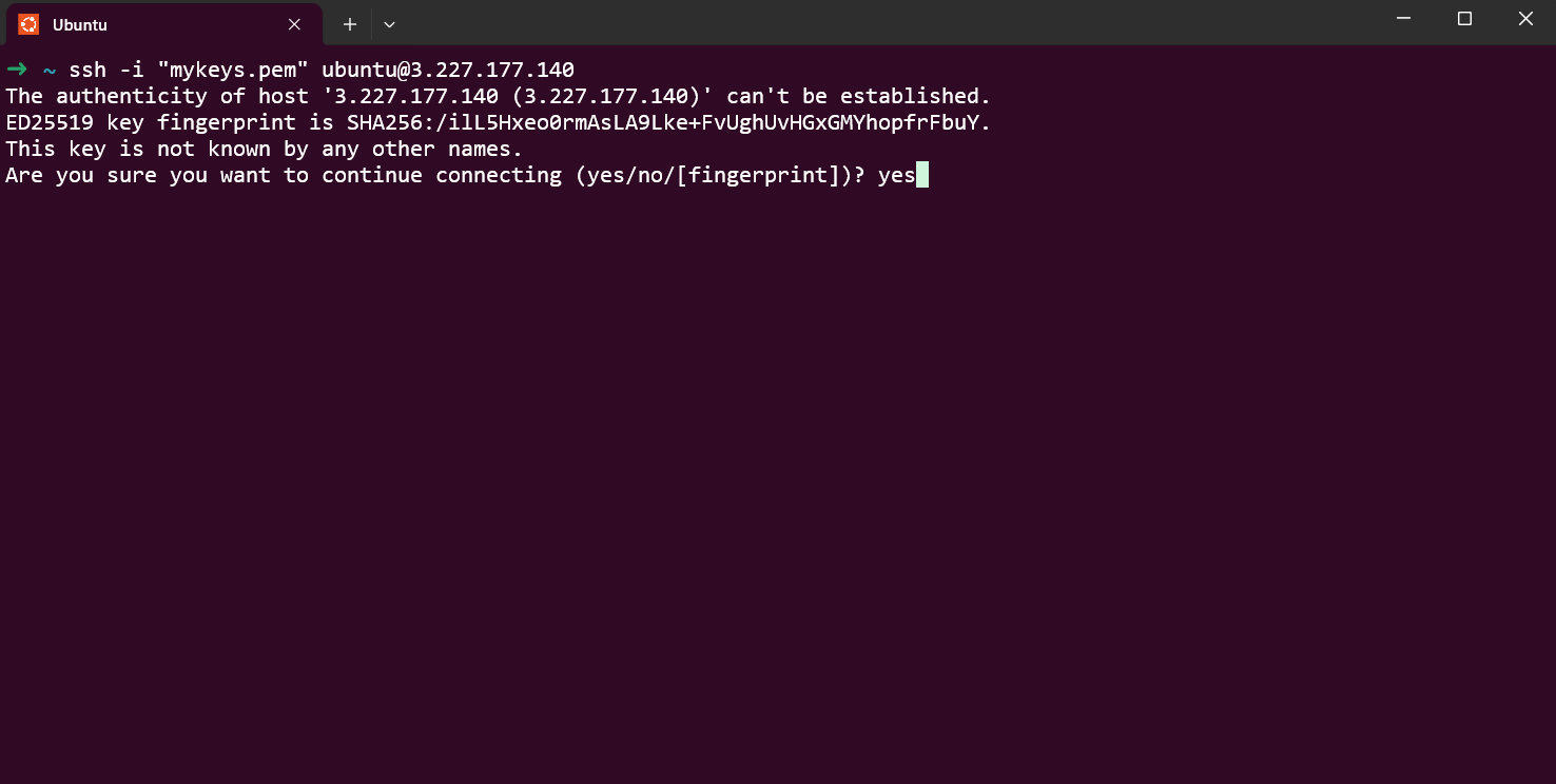 Terminal SSH connection to the TimescaleDB server with a PEM key before checking the server logs