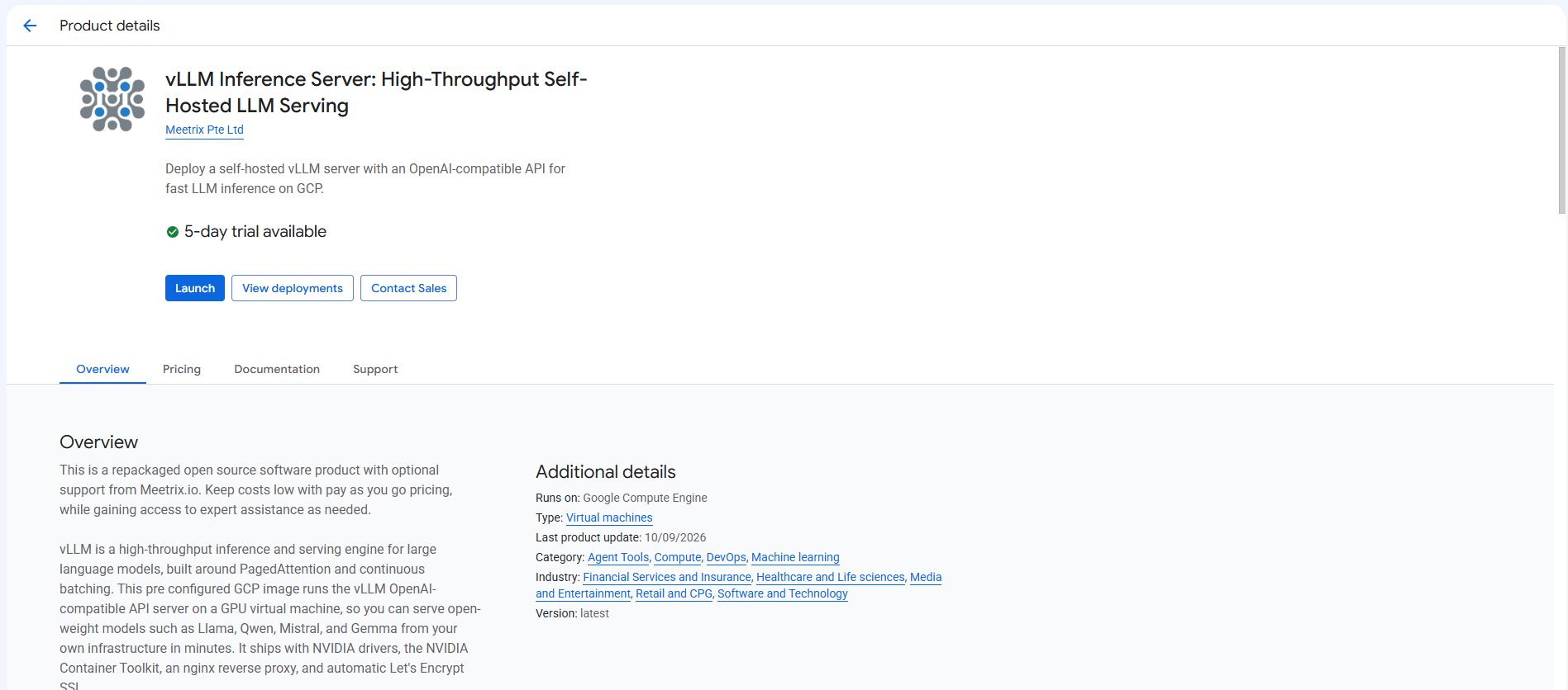 vLLM Inference Server product details page on GCP Marketplace by Meetrix Pte Ltd, showing the Launch button, a 5-day trial availability badge, and the Overview section