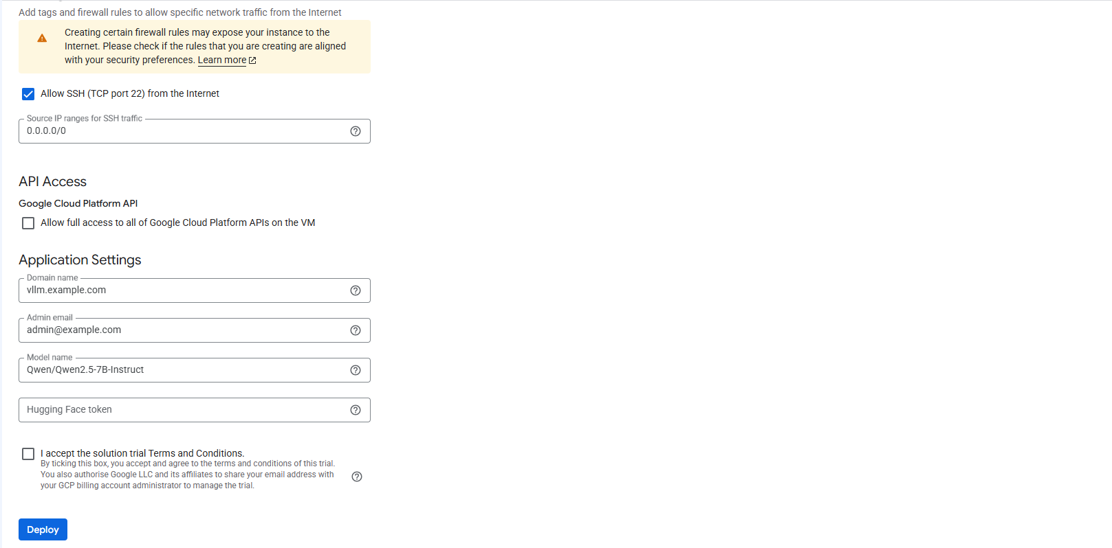 vLLM GCP Application Settings form showing the Domain name set to vllm.example.com, Admin email, Model name set to Qwen/Qwen2.5-7B-Instruct, an empty Hugging Face token field, and the Deploy button
