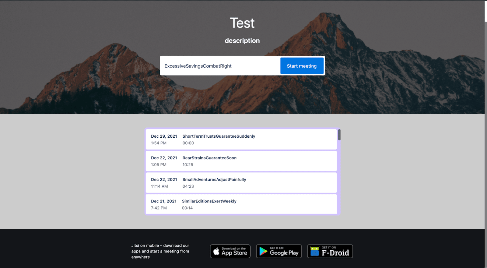 Angepasste Jitsi Meet-Startseite mit eigenem Bergpanorama als Hintergrundbild, eigenem Titel und Liste vergangener Meetings